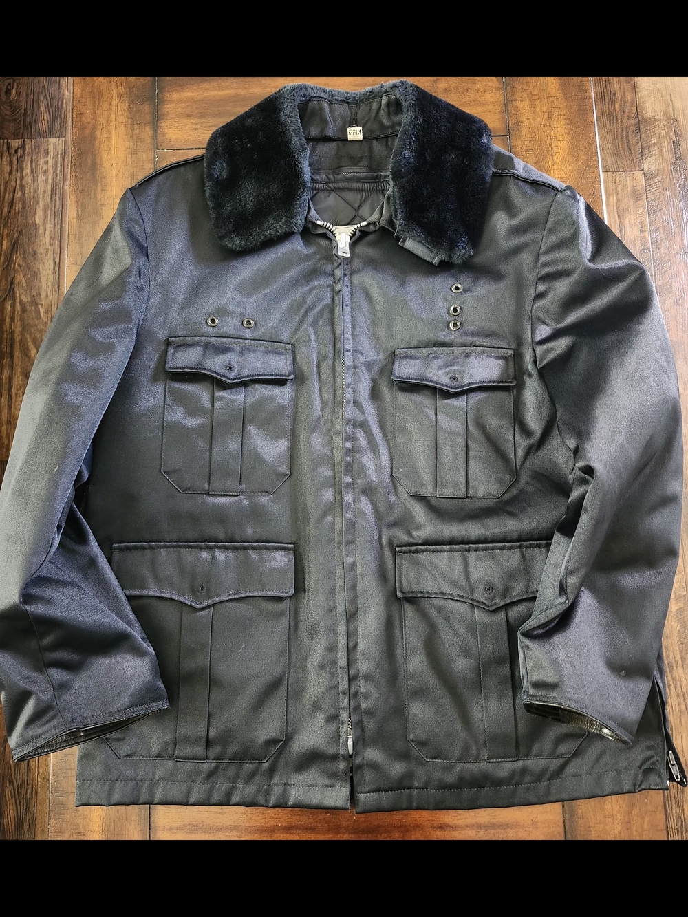 Men's Black Utility Police Officer Jacket with Faux Fur Collar